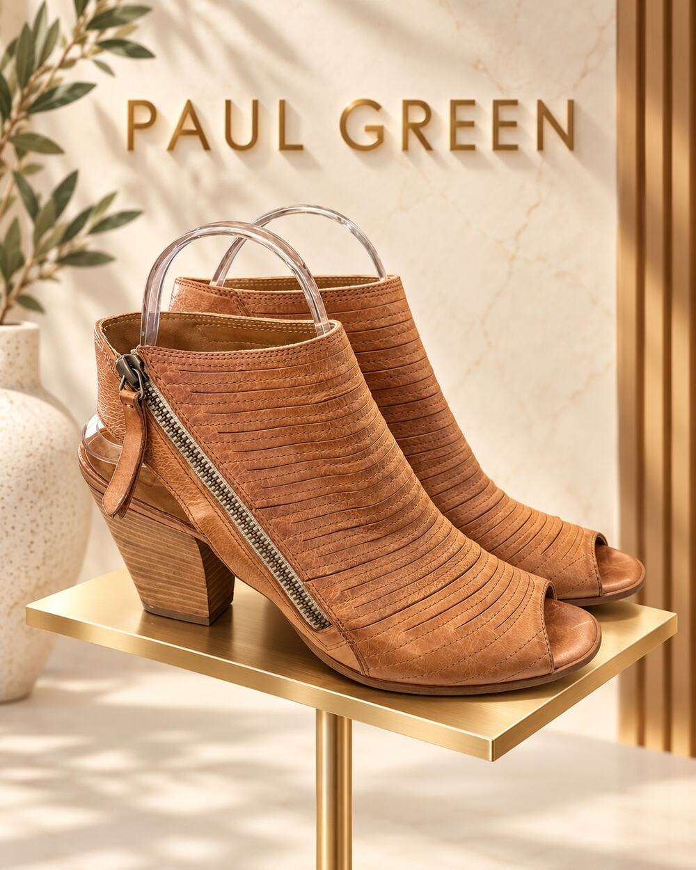 Paul Green Cayanne Peep Toe Leather Booties Tan US 9.5 UK 7